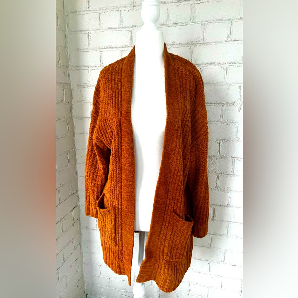 American Eagle Slouchy Long Cardigan Open Chenille Sweater, Ginger, Size XS/SM